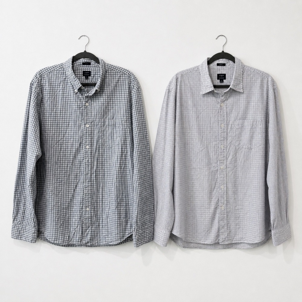 J.Crew Flex Washed Button Down Lot of 2 Mens XL Blue Brown Gingham Classic Fit